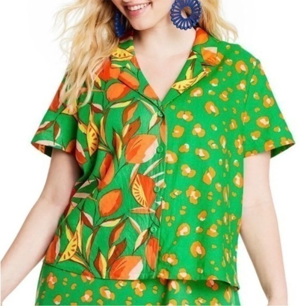 New Tabitha Brown Leopard Orange Print Linen Button Shirt Green Orange Size L